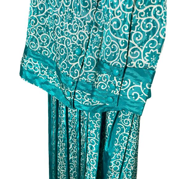 Vintage 90s Top Act Teal Satin Patterned Pleated Skirt Set - Size 16 - Picture 2 of 9